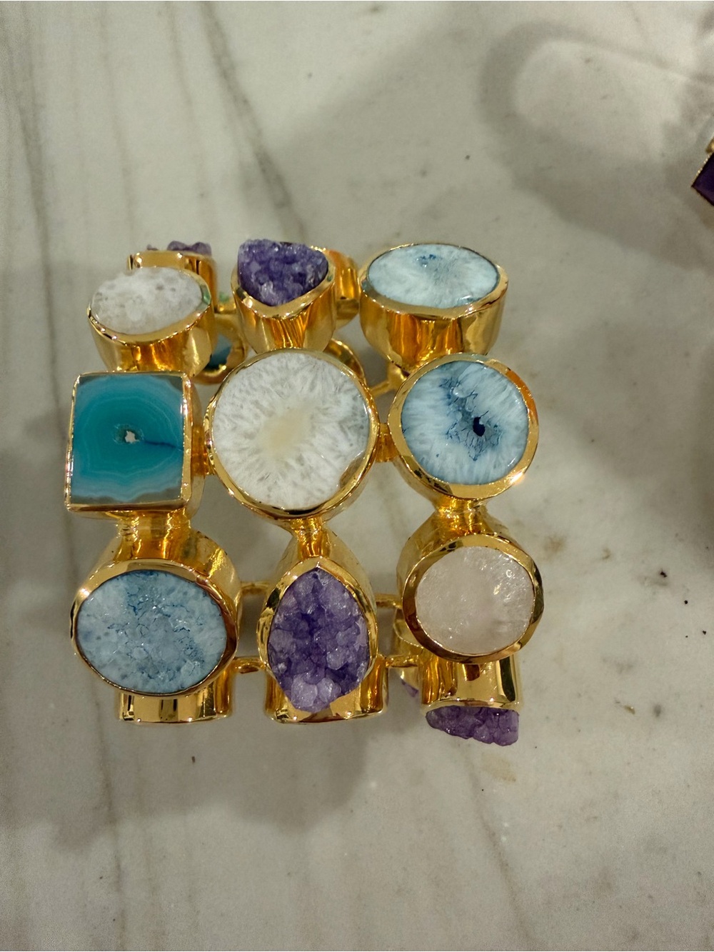Gold tone multi stone druzy and agate statement cuff